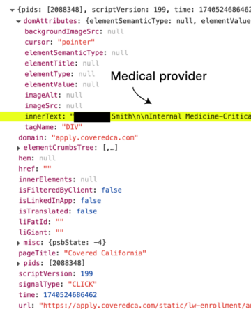 Screenshot highlighting the line of code where coveredca.com shares the respondent’s medical provider with LinkedIn